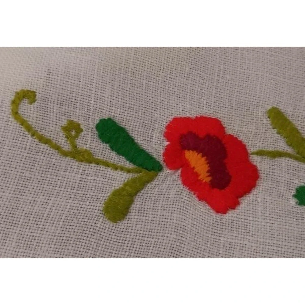Large Vintage Norwegian Embroidered Tablecloth Linen Red Blue Swedish Floral 62" - Picture 6 of 6